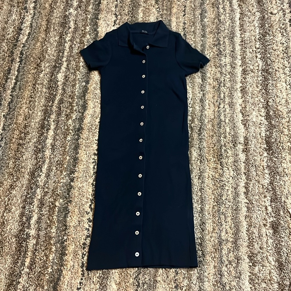 John Galt Navy Ribbed Button Collar Dress